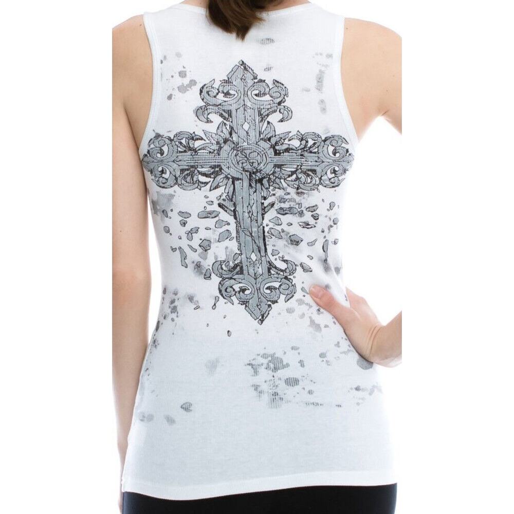 Vocal Tank Top Size L Tribal Cross Silver Rhinestone Embellished Womens Shirt - Picture 3 of 4